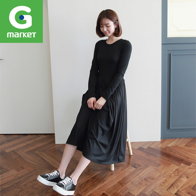 韩国新品 女装[Clicknfunny]修身纯色圆领气质长袖简约长裙连衣裙