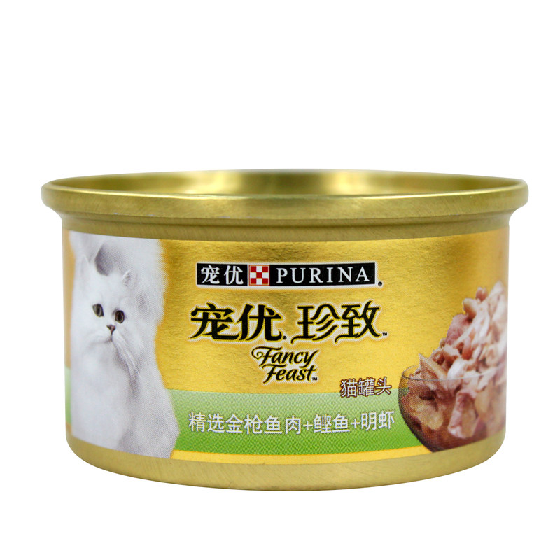 宠物零食 宠优珍致精选金枪鱼肉鲣鱼明虾猫罐头85g 猫湿粮鲜封包