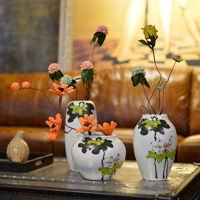 Ceramic vase, every new Chinese style is pure hand - made lotus between three - piece example household act the role ofing is tasted decorative porcelain furnishing articles