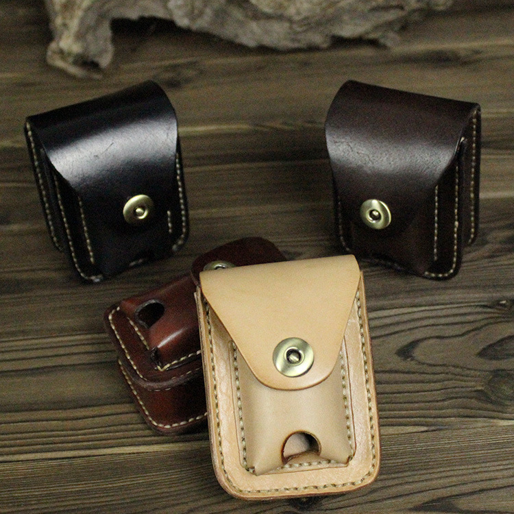 Retro handmade tree cream leather leather zipp0 lighter pack cigarette case one first layer cowhide wear belt small pocket