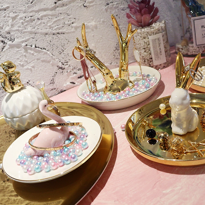 Nordic Ceramic jewelry rack Gold tray creative ornaments Jewelry box Necklace earrings storage shelf Desktop storage box