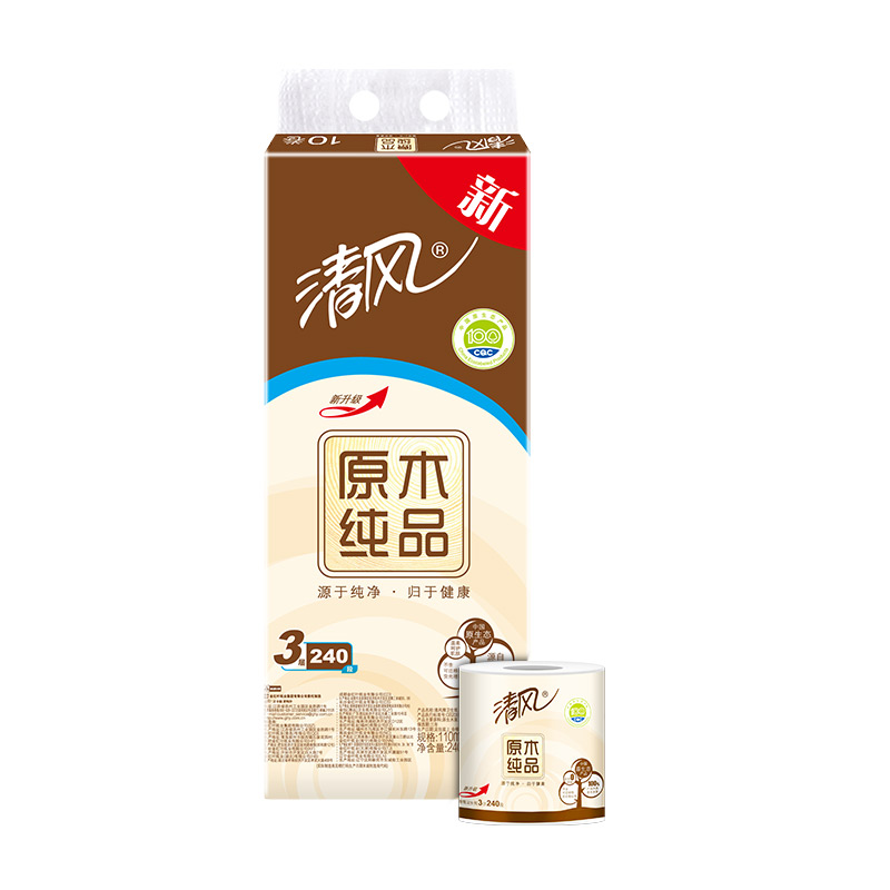 【苏宁易购】清风 卷纸 原木纯品3层240段 10卷卷筒卫生卷纸