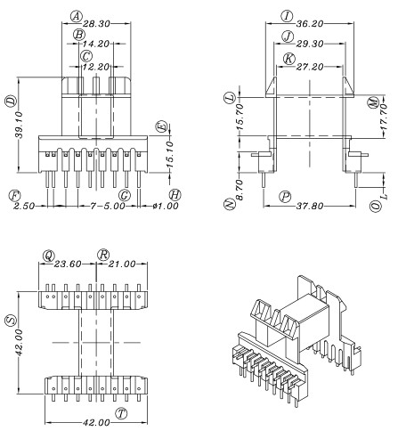 EE42 high frequency transformer magnetic core horizontal skeleton 8 9 feet white