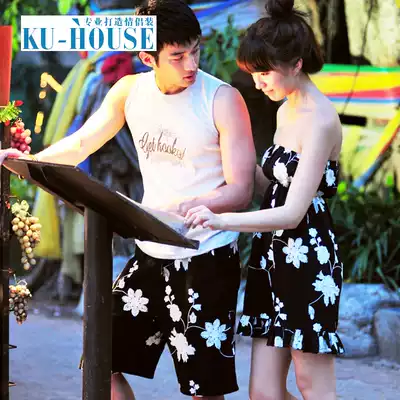 Couple beach wear suit Summer beach vacation thin off-the-shoulder bandeau dress female beach skirt beach pants male