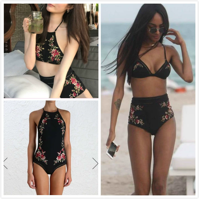 Âu Mỹ sexy đen cao cấp thêu ren suối nóng xẻ tà che bụng bikini eo cao áo tắm phụ nữ - Bộ đồ bơi hai mảnh