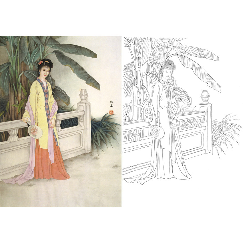 Work Stroke White Sketch Manuscript Country Painting Traditional Figure Swomen Li Xinyu Physical Hook Line of copying white paper printing 214T
