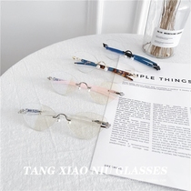 ins net red and white with the same frame glasses female oval pen frameless pearl nose pad anti-blue flat mirror