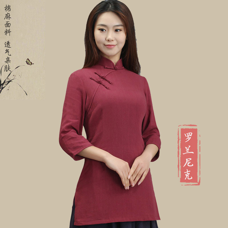 2018 Chunqiu Traditional tea clothes Chinese style Handmade blouses cotton linen loose women's blouses shirt with long sleeves pure color Zen Serie