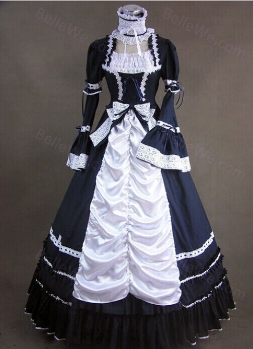 Dark Blue Bow-Knot Lolita Retro Victorian Gothic Long-Sleeved Puffy Dress Long Skirt