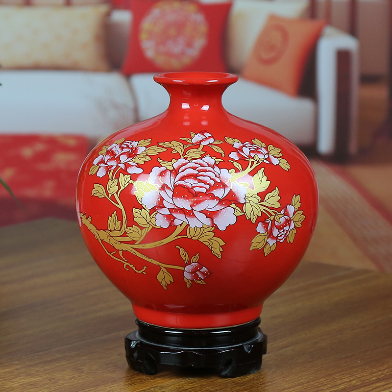 Jingdezhen ceramic vases, Chinese red modern home sitting room place gold peony pomegranate bottle housewarming gift