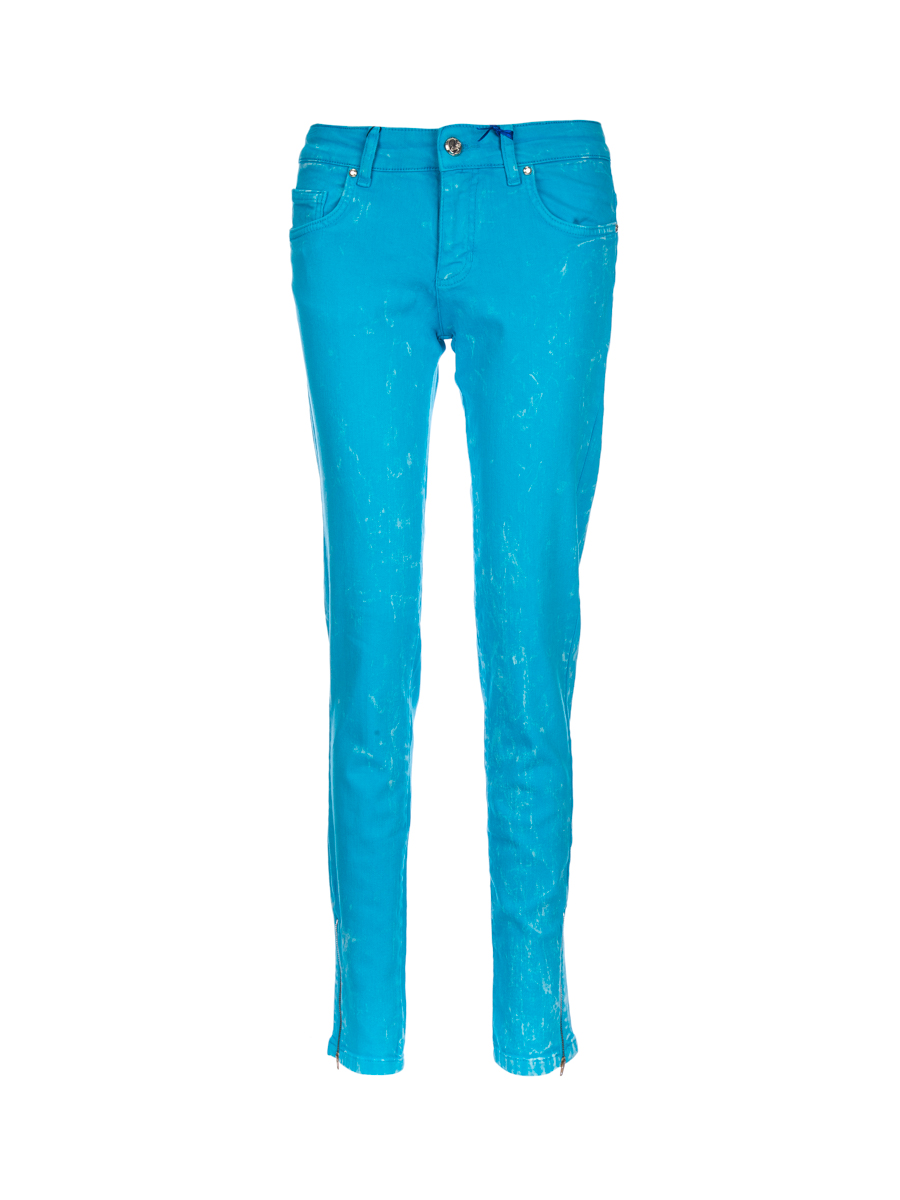 versace jeans 蓝绿色插袋侧拉链饰修身裤