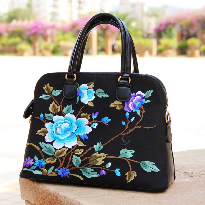 Women's satchel ethnic wind embroidered bag pu leather double face embroidered dual-use handbag Satchel Satchel satchel multicolored