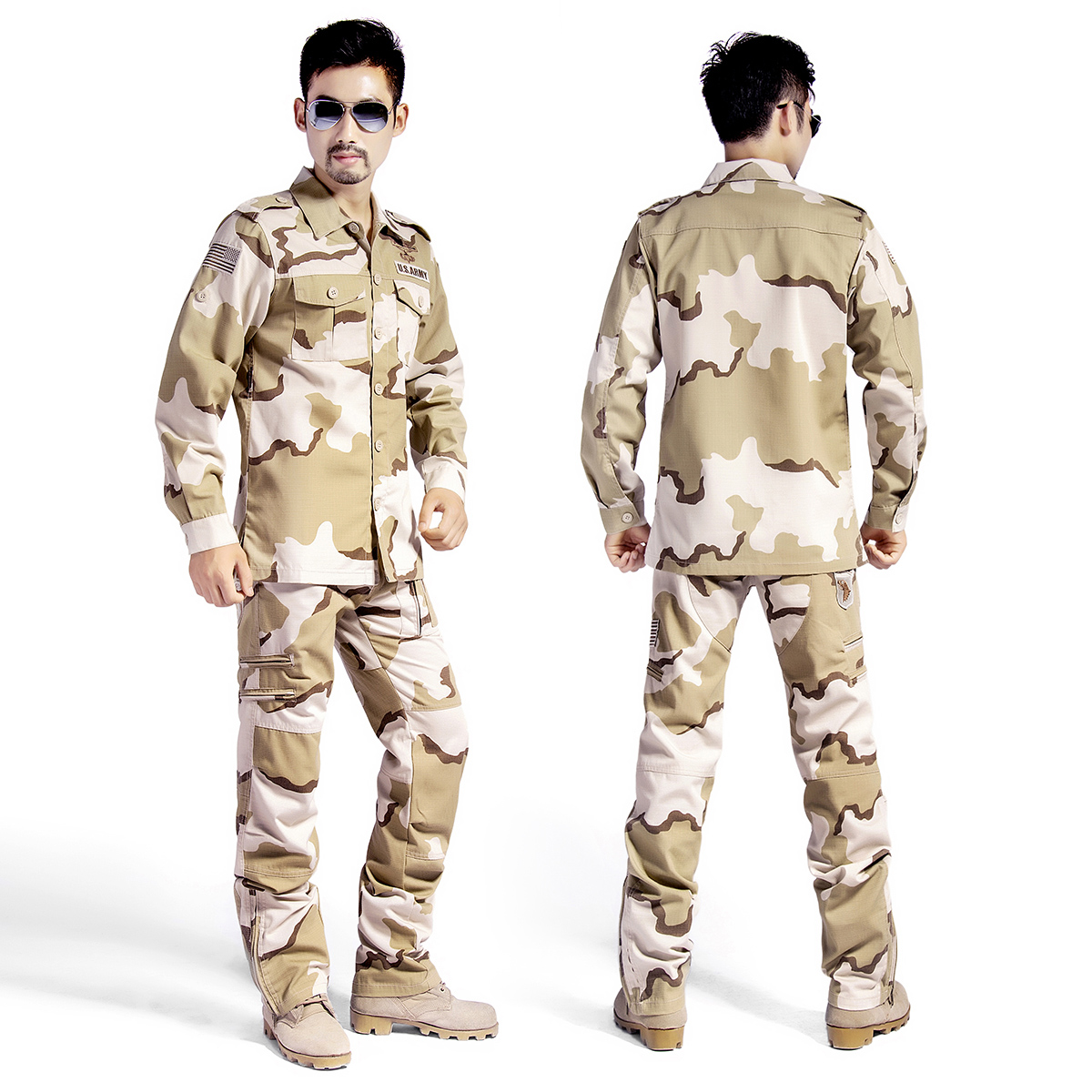 Military camouflan Outdoor Leisure Army fan suit Men's spring and autumn clothes desert Field camouflan suit Two sets of three sand camouflan