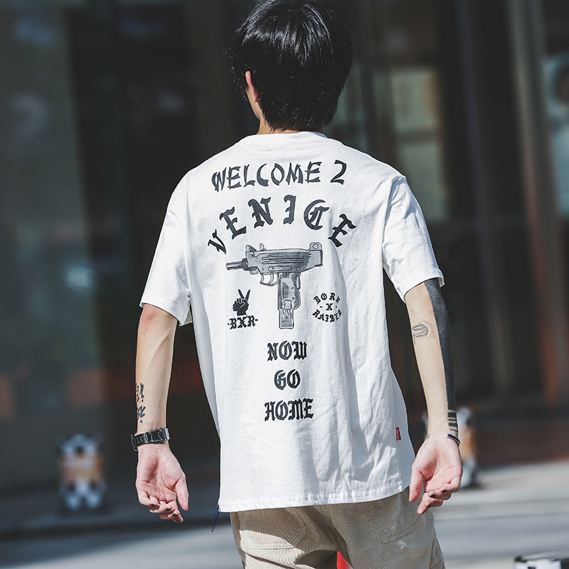 欧美复古街头西海岸趣味字母印花港风潮牌男夏季宽松短袖日系t恤