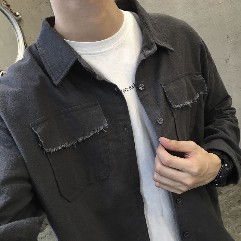 态度 / 2017秋装新品 水洗做旧灰色的复古衬衫 毛边长袖衬衣 男