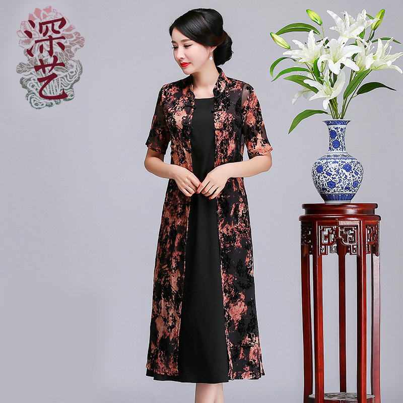 深艺 Cheongsam, set, retro fashionable dress for mother, 2020, with short sleeve, Chinese style