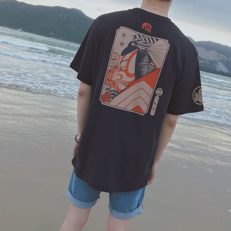 夏装新品民族风个性印花男士宽松短袖T恤复古青年韩版圆领潮半袖