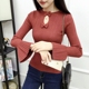 Mùa xuân và mùa thu mới màu rắn hoang dã dài tay áo sơ mi nữ hàng đầu phiên bản Hàn Quốc của kèn tay áo đan len áo len dáng dài Vòng cổ áo len