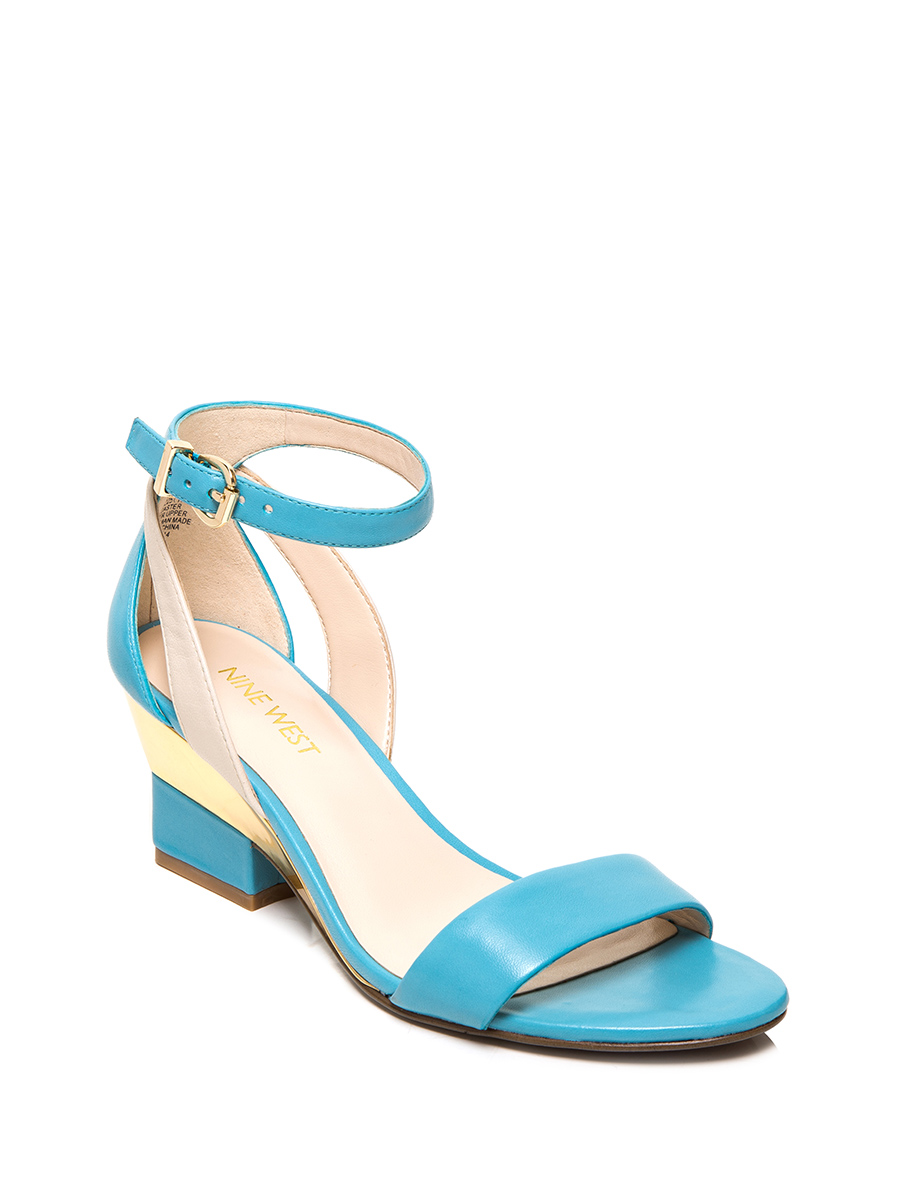 Nine West/玖熙 蓝色一字带粗跟搭带凉鞋