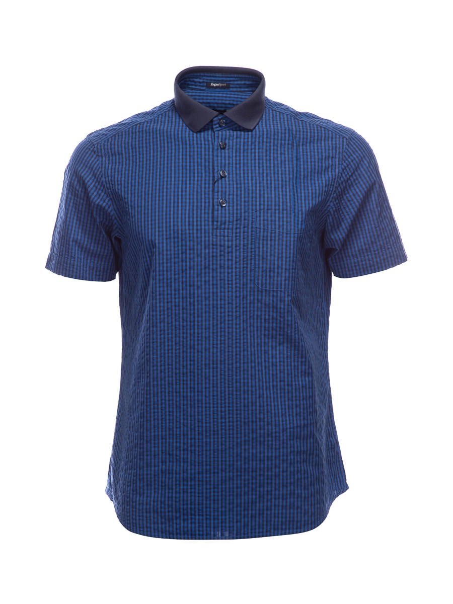 ZEGNA SPORT 深蓝格纹拼色领衬衫