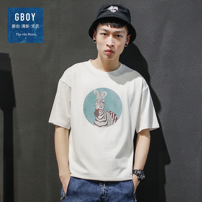 GBOY夏季短袖T恤男日系青年清新斑马印花圆领短tee休闲打底体恤衫