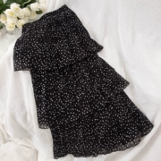 V51 # polka dot váy cao eo phần dài bánh váy Hồng Kông hương vị chic váy chiffon nửa chiều dài váy Một từ váy