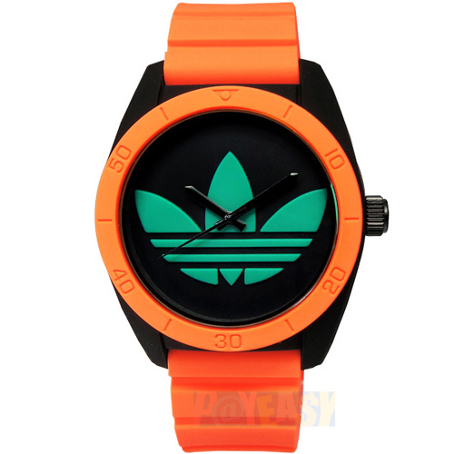 台湾官网直邮进口adidas 萤光狂潮 亮眼撞色三叶草矽胶腕表-橘x绿