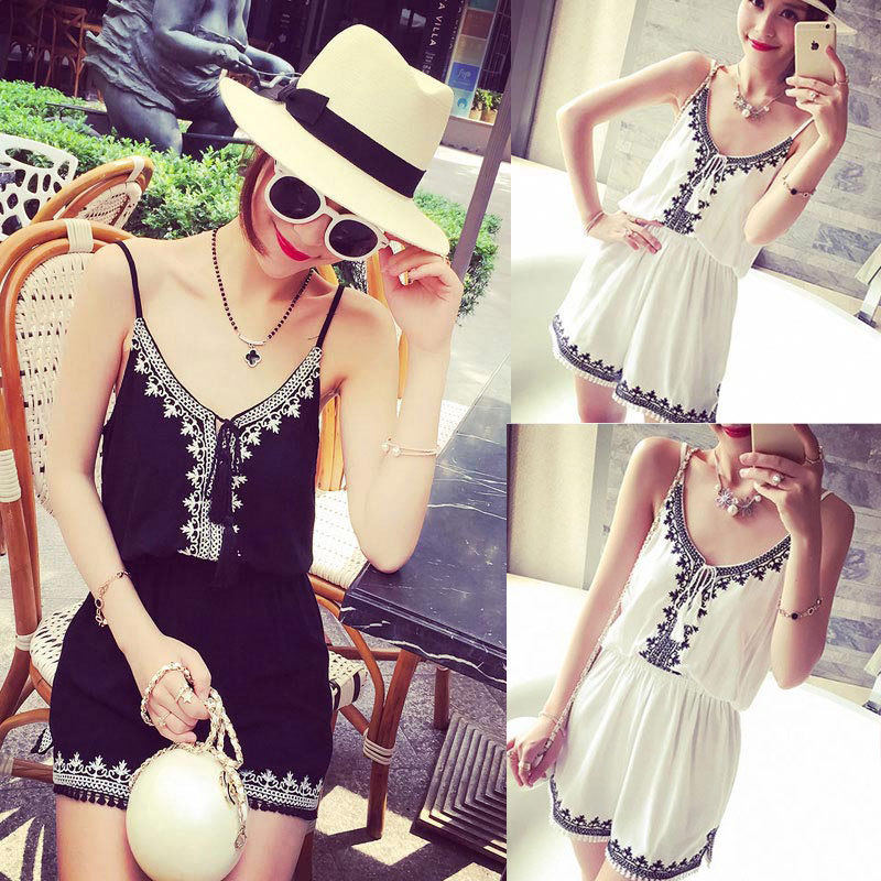 Korean version of white embroidered harness with pants loose casual display slim shorts black sexy holiday dress pants woman