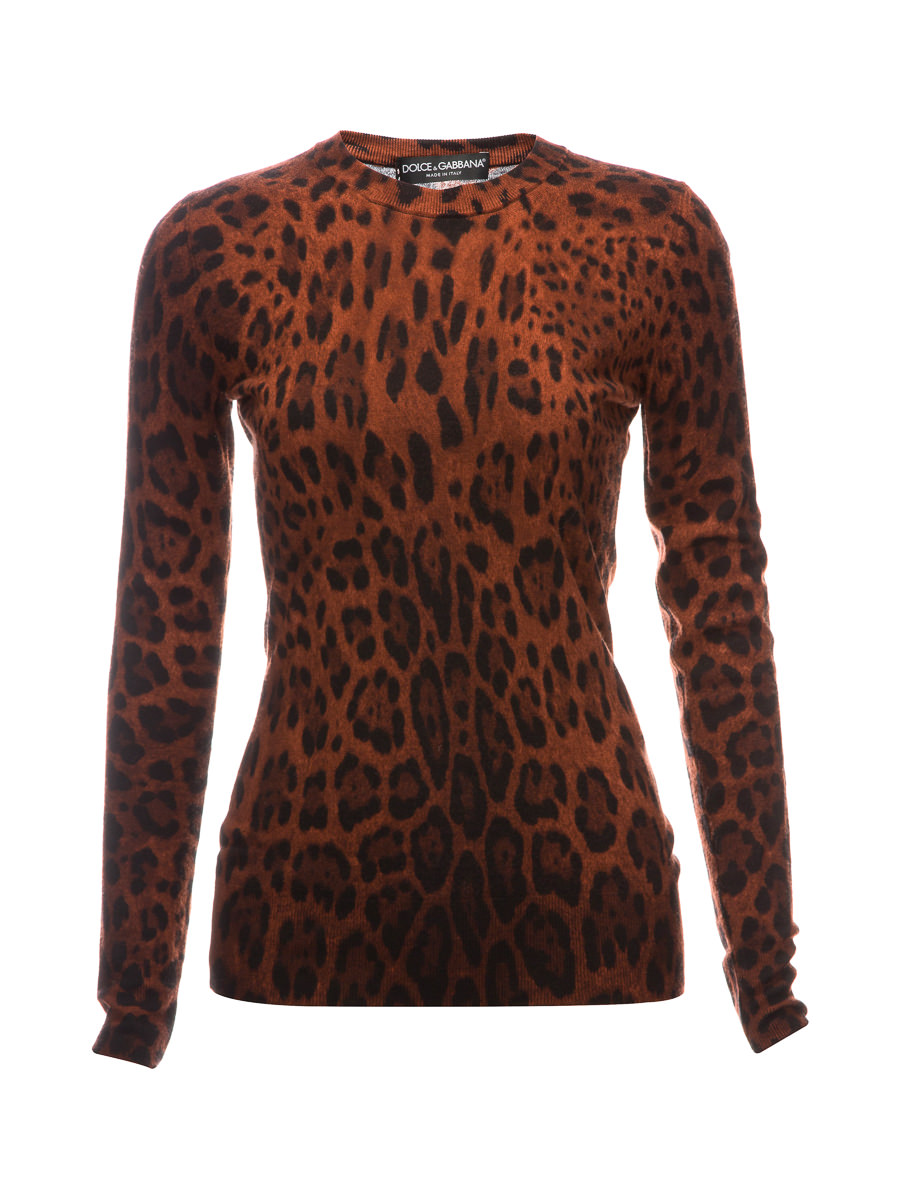 Dolce&Gabbana 棕色豹纹圆领针织上衣