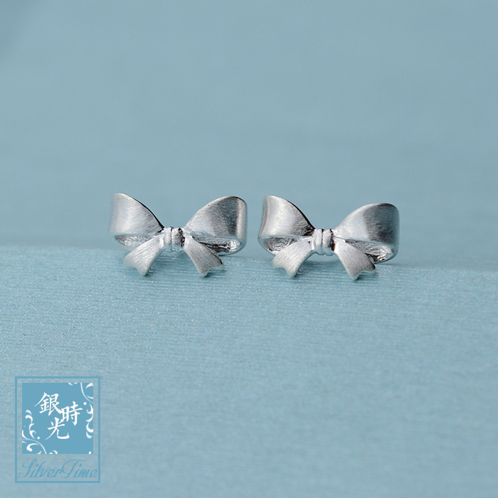 Silver Time S925 Sterling Silver Ear Pins Brushed Bow Knot Earrings Creative Fashion Personality Fresh Temperament Earrings Women