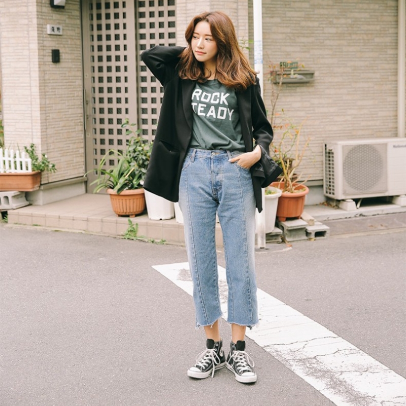 韩国stylenanda官方正品 不规则剪裁裤脚露踝牛仔裤-牛仔蓝色