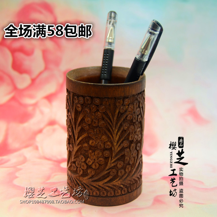 Pakistan wood carving pen holder wood pure handicraft solid wood engraving imitation ancient office pendulum piece gift