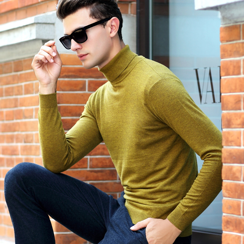 Autumn and Winter Thin Solid Color Men's Turtleneck Sweater Pullover Casual Warm Men's Slim Wool Sweater Base Knitwear
