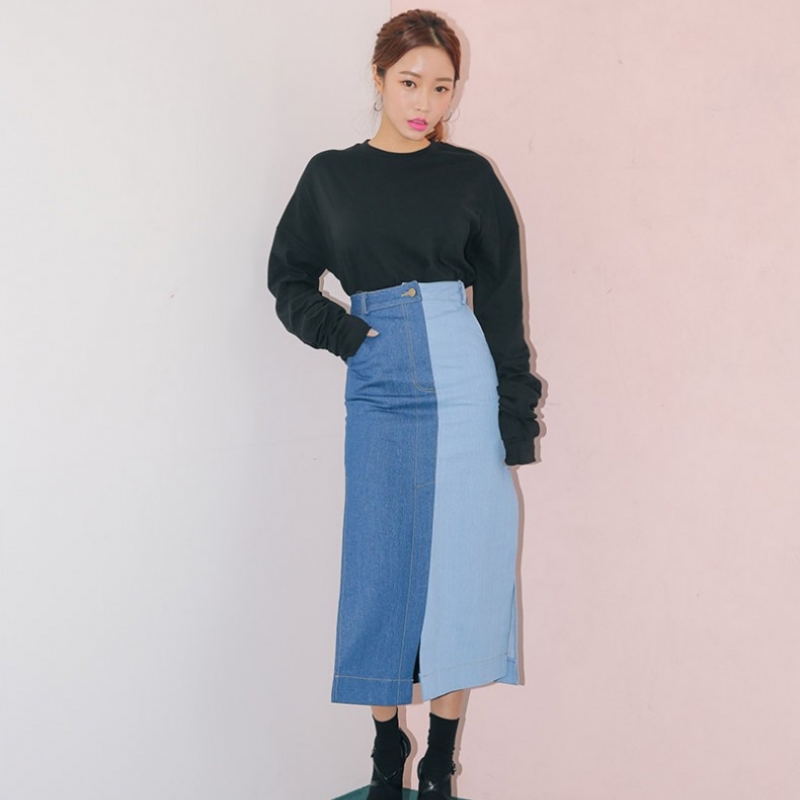 韩国stylenanda官方正品 高开衩设计配色拼接半身长裙