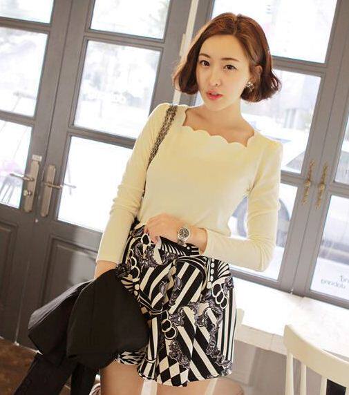 HChen Korea imports spot elegant lady temperament romantic literary princess wave tie shape shape T-shirt