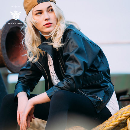 尚赫2018春装新款小皮衣黑色短款韩版修身机