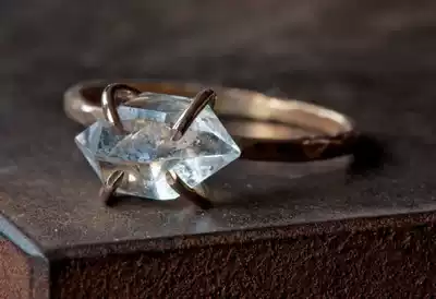 American Natural hand made special gorgeous double-pointed faceted transparent quartz crystal rose gold ring