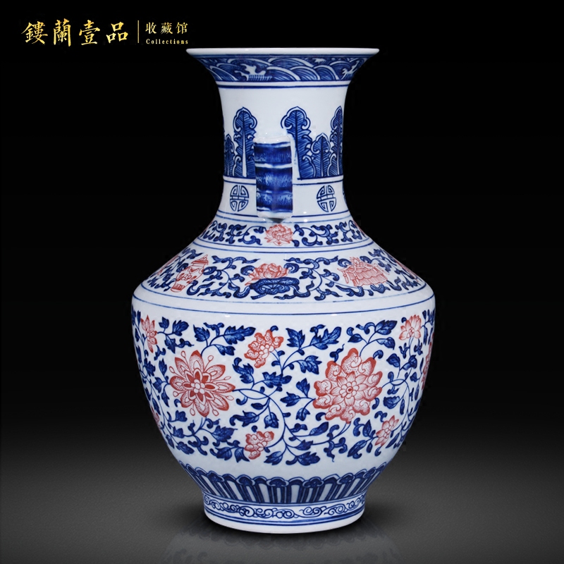 Jingdezhen ceramics imitation the qing qianlong blue tie up lotus flower ear vase Chinese style living room home furnishing articles