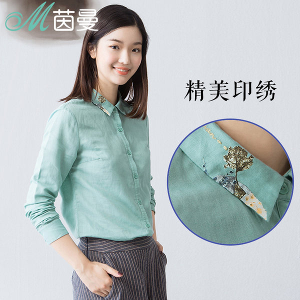 茵曼 18年春季新款 印花刺绣棉麻女式长袖衬衫 天猫优惠券折后￥119包邮（￥179-60）2色可选