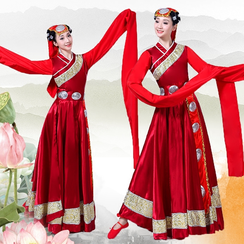 Men's Folk Dance Costumes Tibetan dance performance clothing female ethnic minority style skirt suit Tibetan water sleeve clothing adult Men's Folk Dance Costumes Tibetan dance performance clothing female ethnic minority style skirt suit Tibetan water sleeve clothing adult