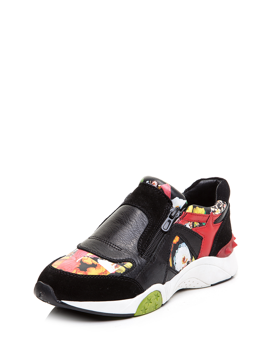 TRANOI 黑色拼接植物印花双拉链休闲鞋