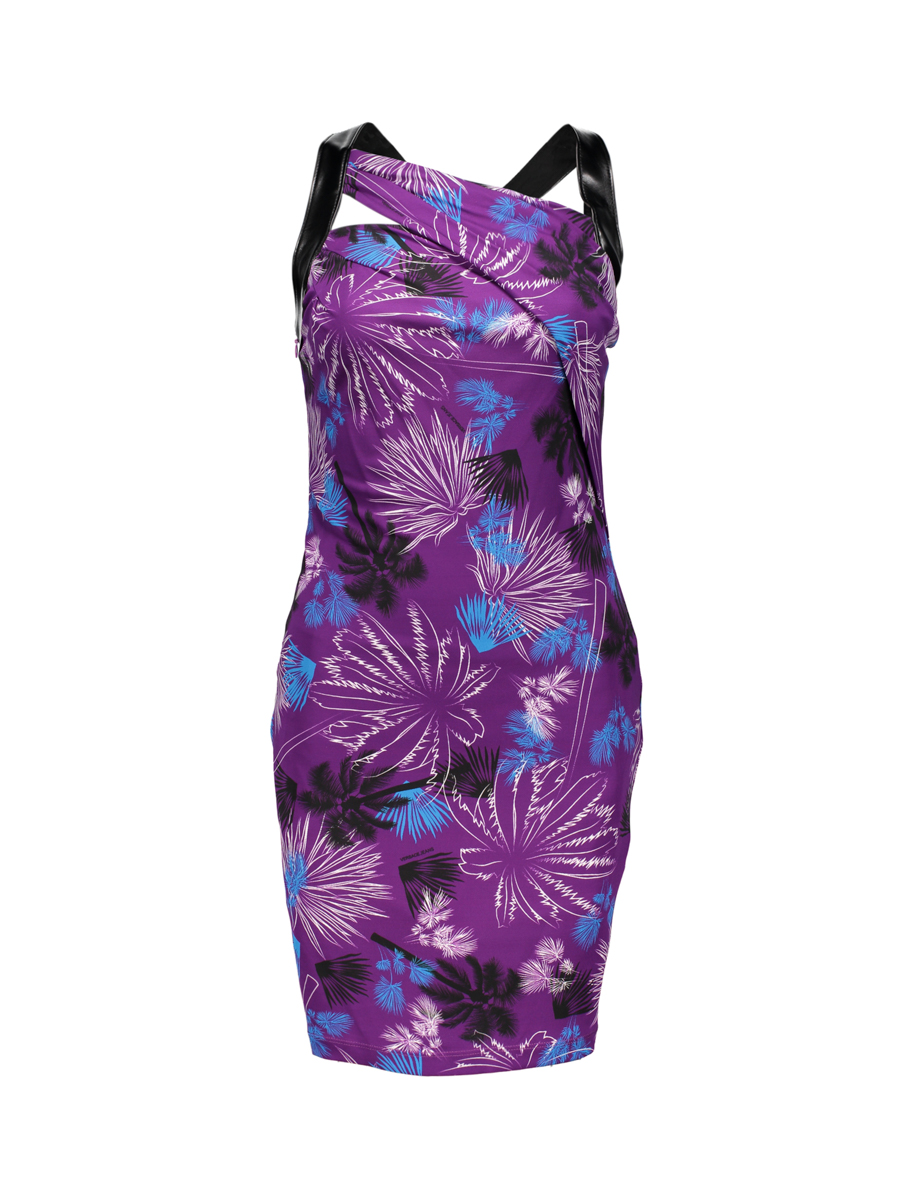 versace jeans 紫色交叉吊带式印花连衣裙