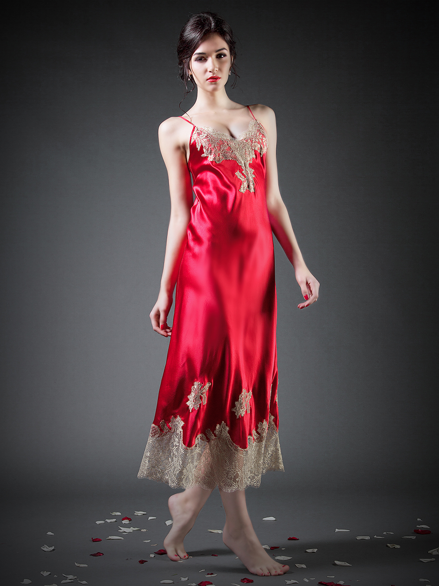 Lucia Berutto 红色蕾丝拼接设计长款吊带睡裙