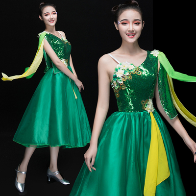 Chinese Folk Dance Costumes Modern Dance Costume short skirt chorus dress accompanied by long skirt classical dance costume sequins for female adults