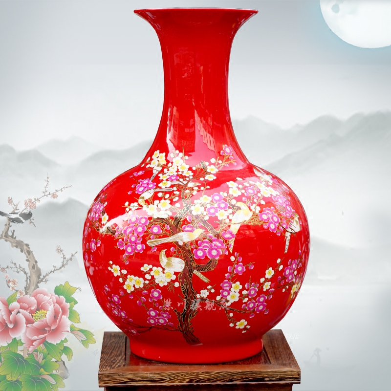 Jingdezhen ceramic Chinese red gold peony flower arranging dried vase sitting room office mesa study place adorn article