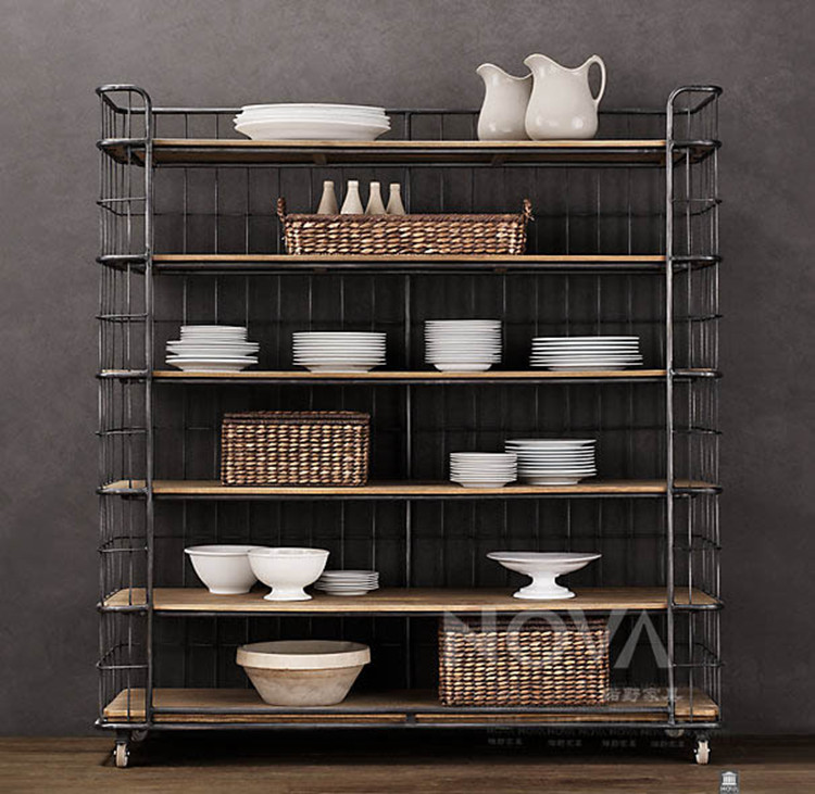 American Country Wrought Iron Solid Wood Shelf Retro Do Old Floor Bookshelf Kitchen Storage Rack Display Rack Storage Rack