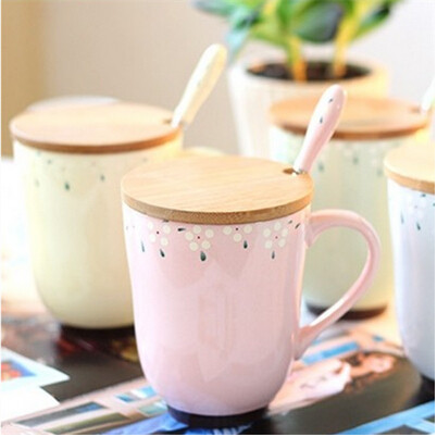 Zakka ceramic cup cup pastoral wind broken flower cup with lid spoon couple coffee milk cup 2 pieces