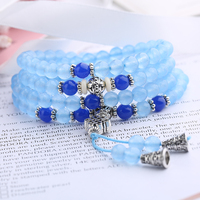 Natural pink chalcedony blue chalcedony multi-circle crystal bracelet 108 pieces Korean style Tibetan silver Chinese knot sweet jewelry for men and women