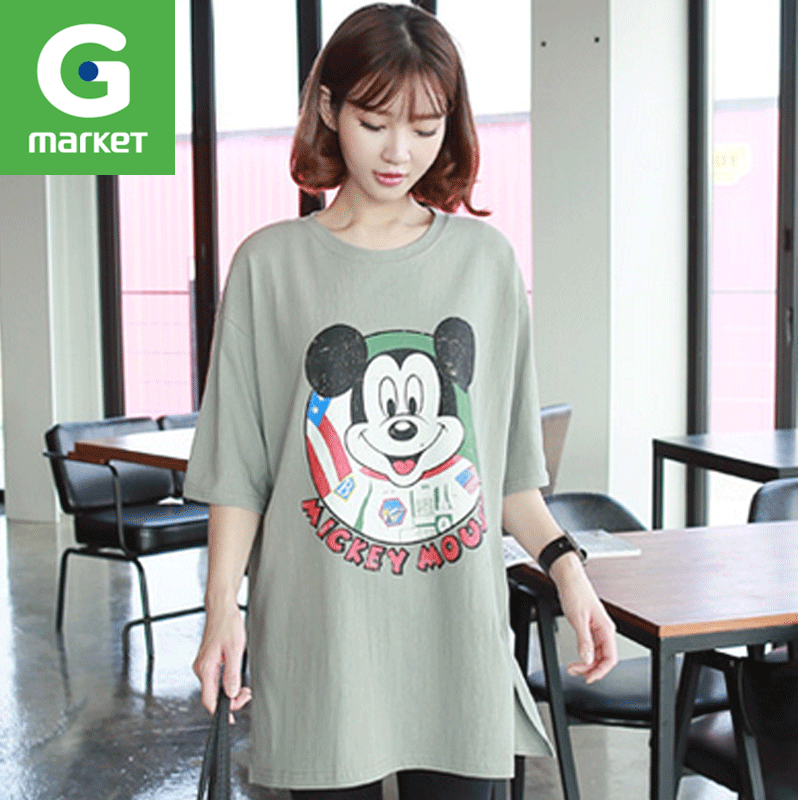 韩国新品 女装[Clicknfunny]卡通米奇宽松中袖T恤纯棉印花中长款
