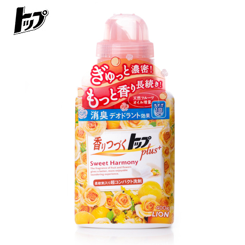 日本原装进口LION狮王TOP浓缩持久香氛柔顺洗衣液花果香型400g